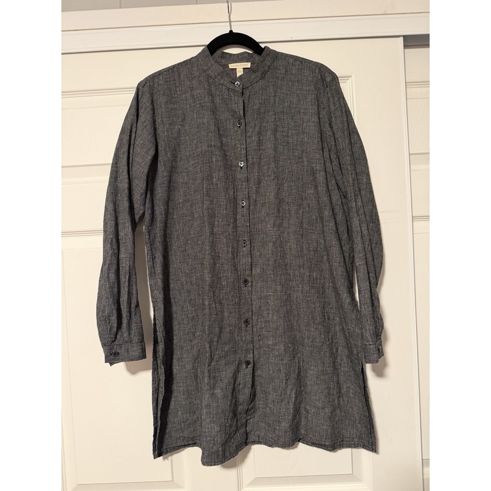 Eileen Fisher Hemp Organic Cotton Grid Long Shirt Tunic Lagenlook Black Artsy